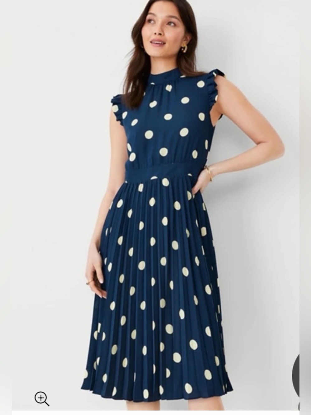 Ann Taylor Navy Polka Dot Pleated Midi Dress Size 0